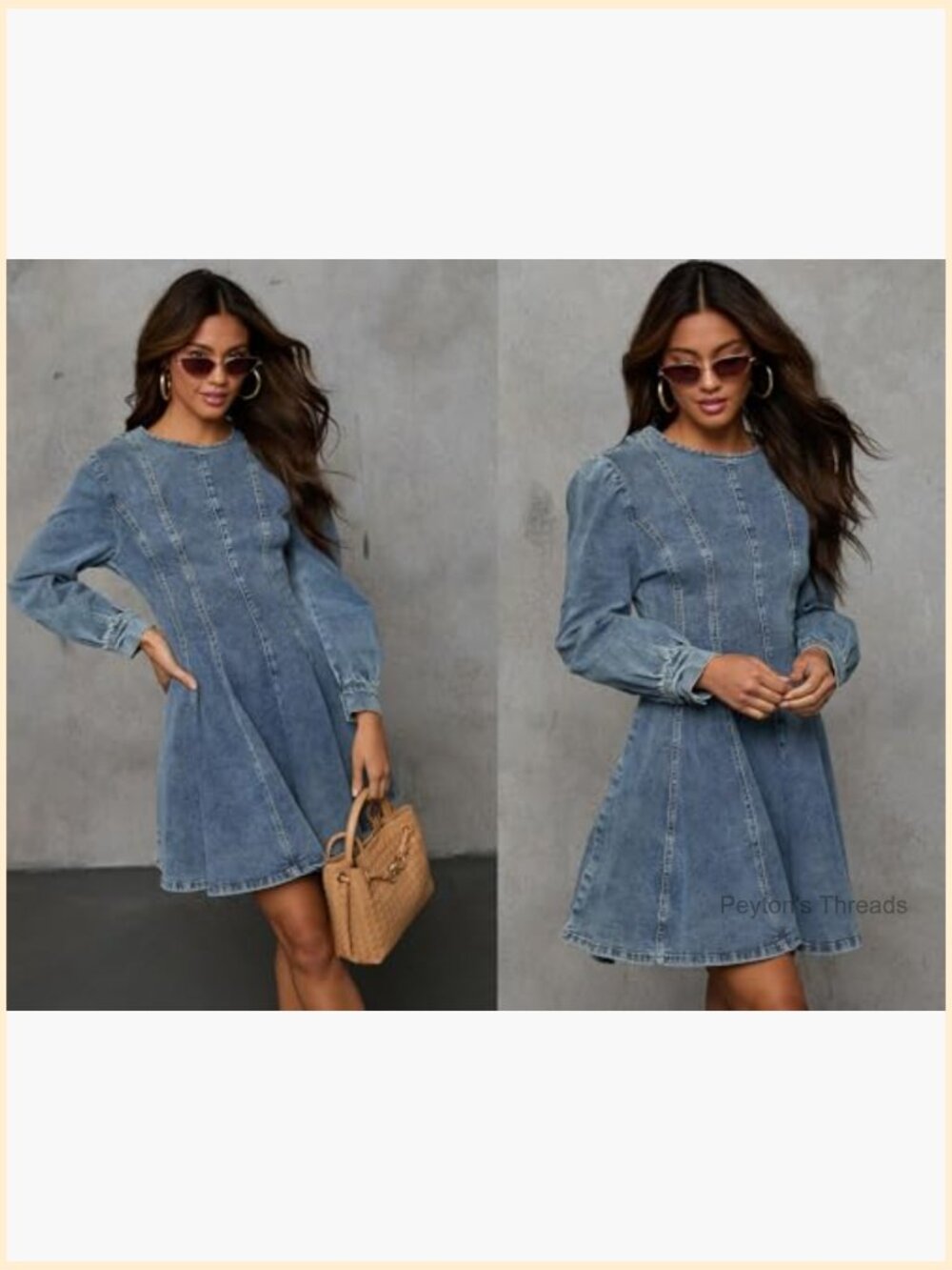 Long Sleeve Denim Mini Dress Stretchy Slim Fit Ruffle Swing A Line Jean Dress - Picture 2 of 7